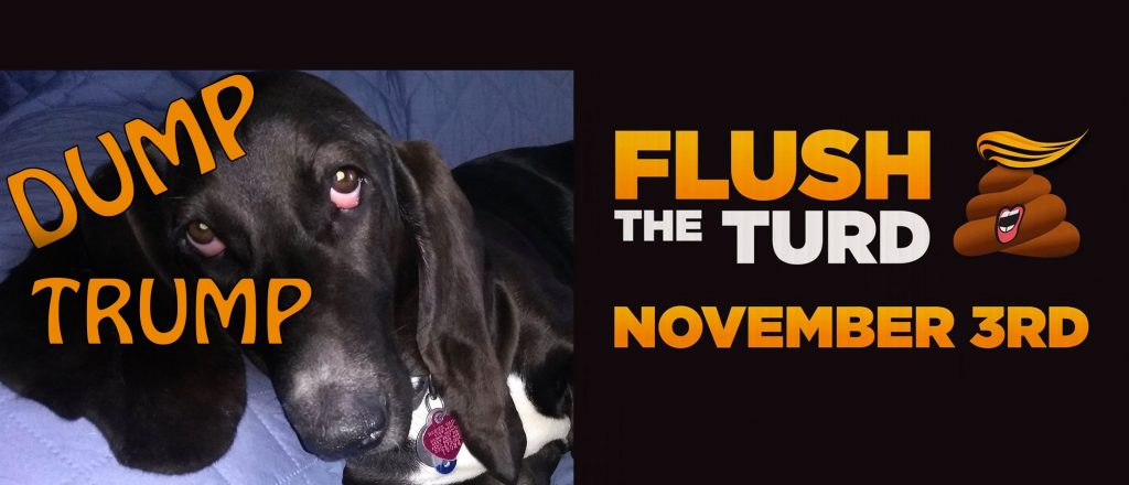 picture of black basset hound with the words "dump trump" and "flush the turd november 3rd"