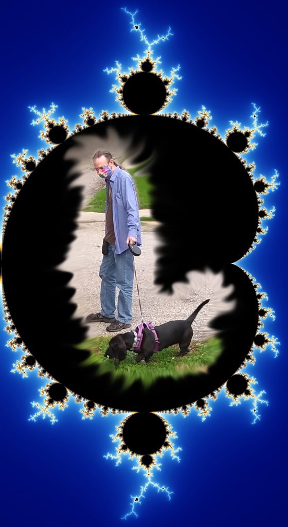 a man with a long pony tail going down his back and wearing a mask, in blue jeans and a blue shirt, is walking a black basset hound on a street pasted inside a black fractal, within a blue field