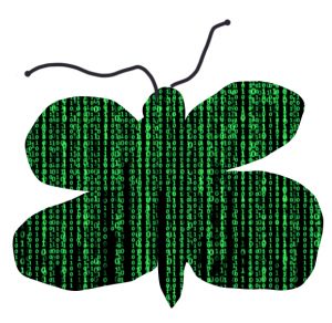 green and black drawing of butterfly, with green digital text